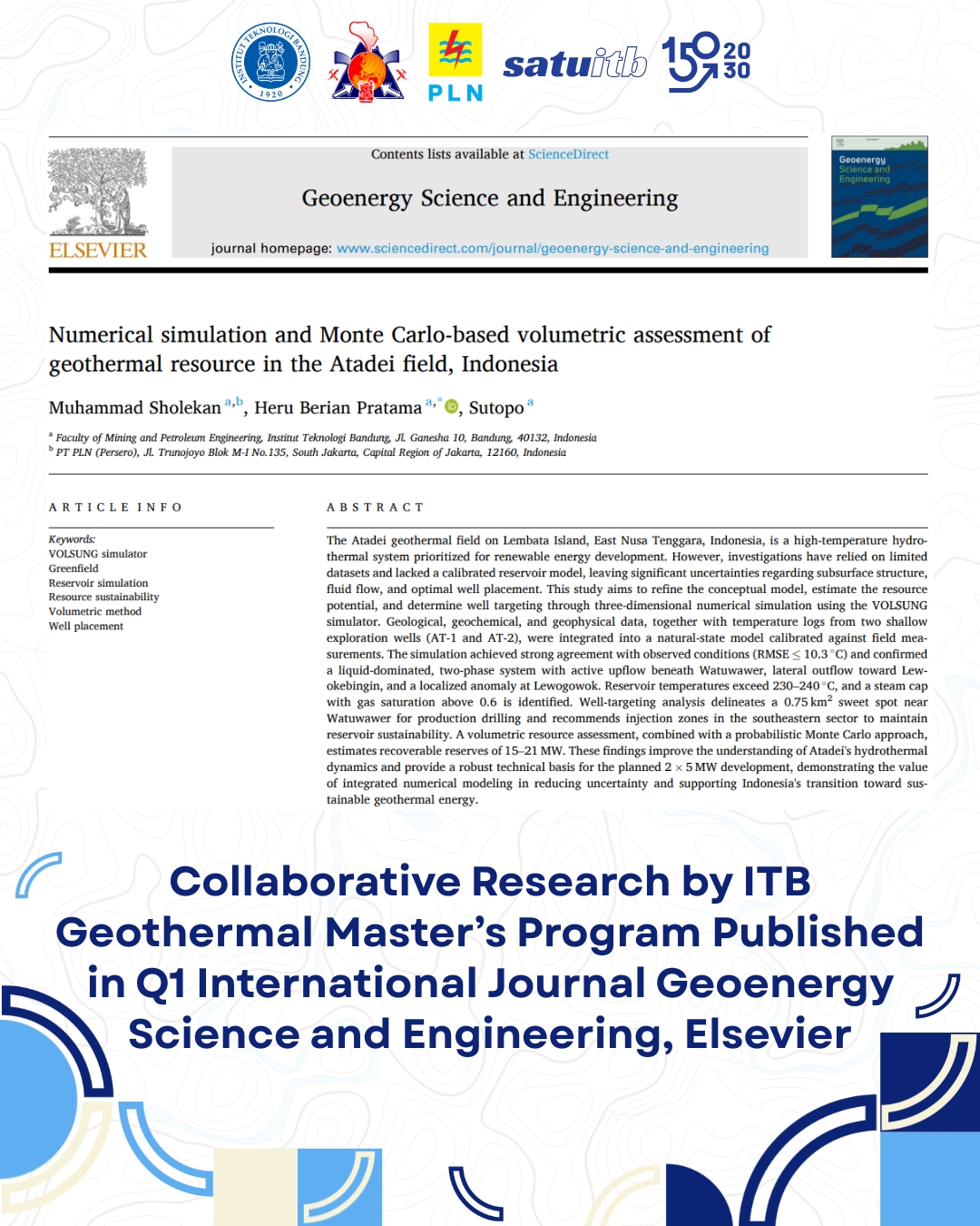 Collaborative Research by ITB Geothermal Master’s Program Published in Q1 International Journal Geoenergy Science and Engineering, Elsevier